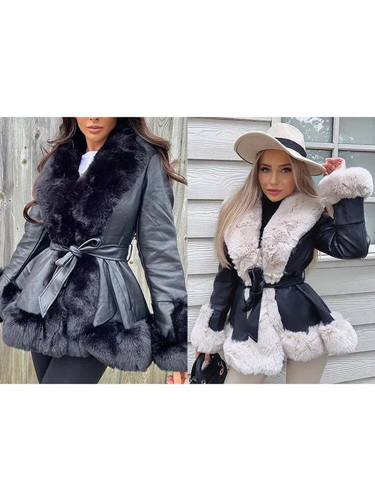 Faux Fur PU Leather Short Tie Belt Waist Coat