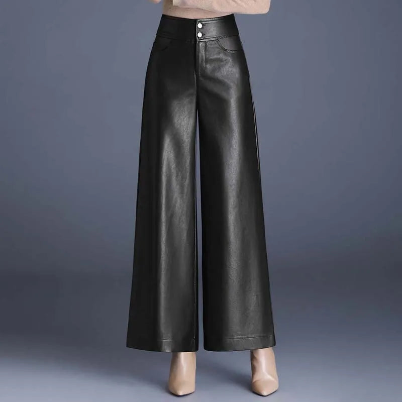 Designer Women's PU Leather Solid Color Wide Leg Pants