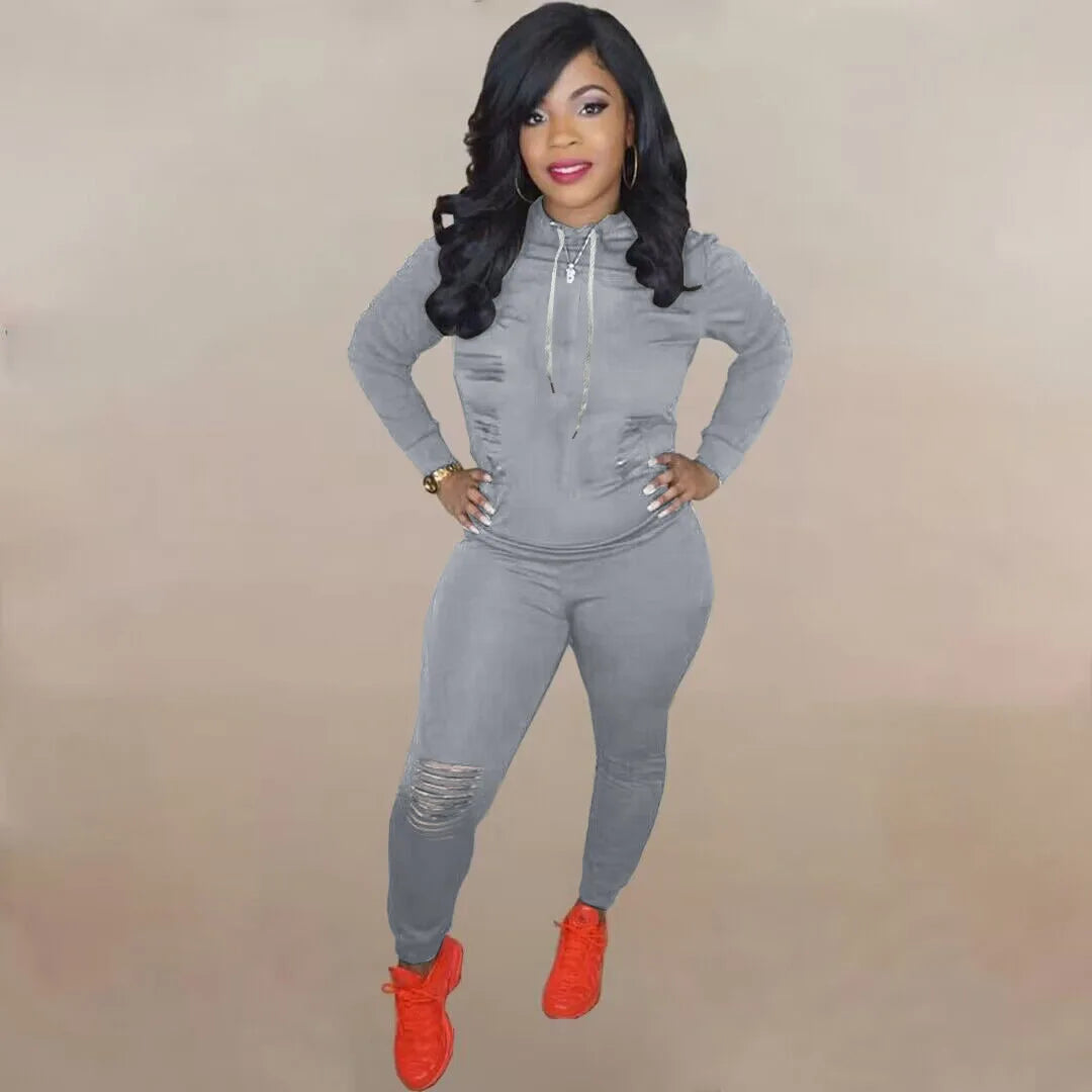 Drawstring Ripped Hollow-Out Women's Solid Color Hoodie Sweatshirt & Ripped Skinny Jogger Sweatpants Tracksuit