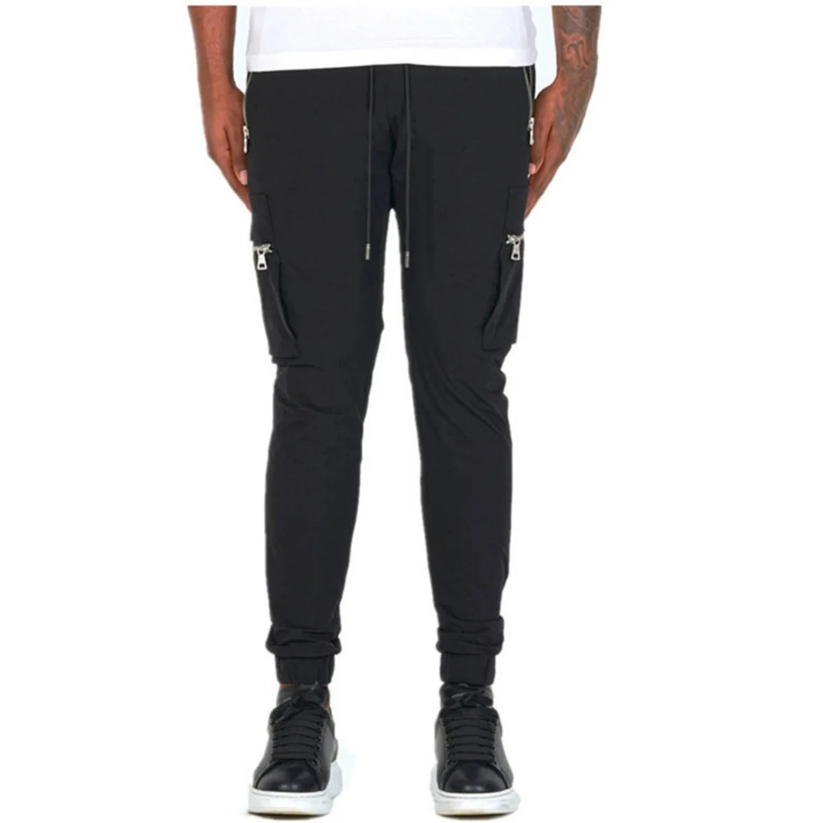 Men's Zipper Pocket Design Drawstring Solid Cargo Pants