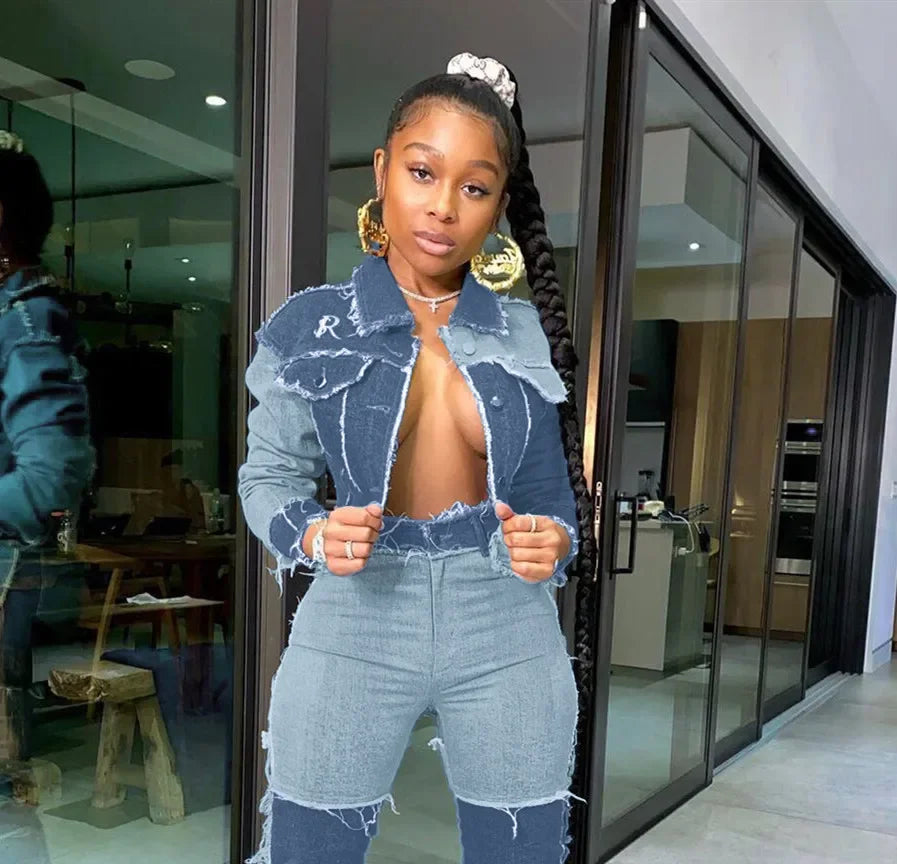 Denim Ripped Fringe Streetwear Long Sleeve Button Front Patchwork Jean Jacket