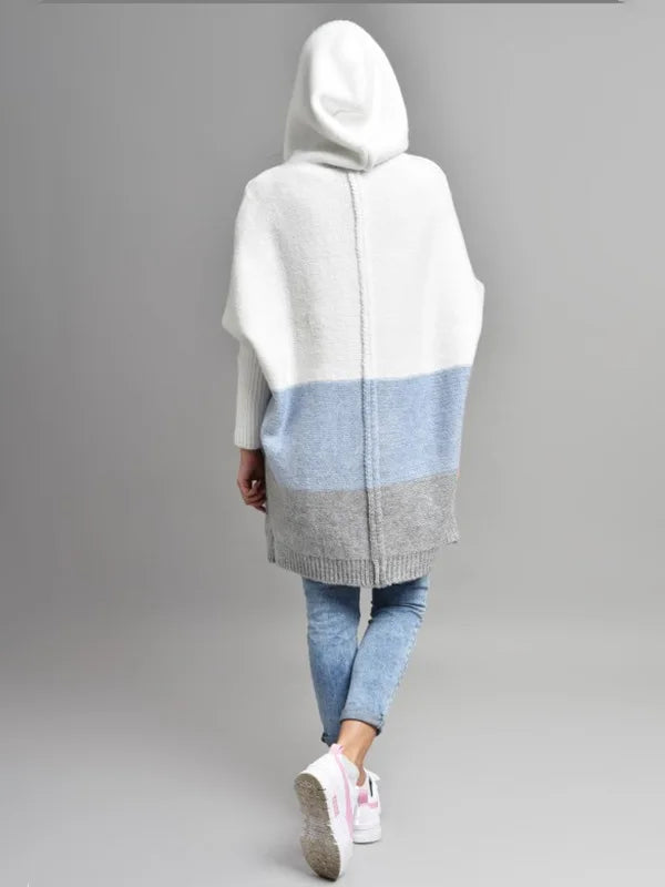 Colorblock Striped Open Stitch Women's Hooded Maxi Sweater