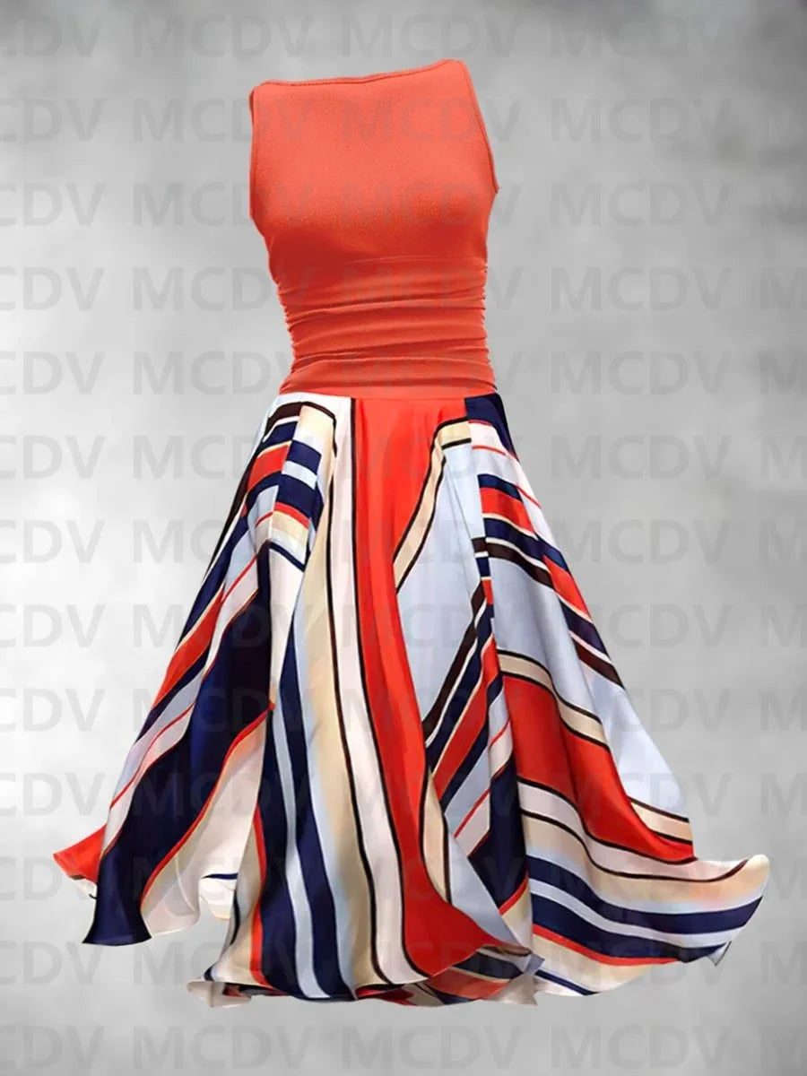 Rainbow Gradient/Plaid/Polka Dot/Striped Colorblock 3D Print Sleeveless O-Neck Swing Midi Dress to 3X Plus Size