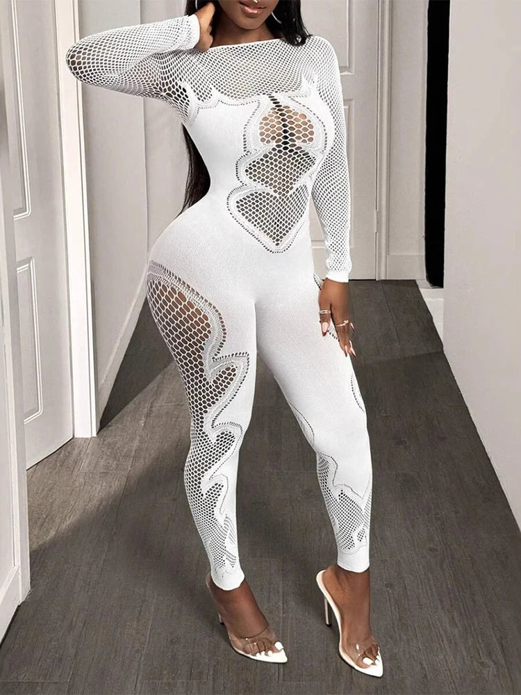 Sheer Mesh Long Sleeve Transparent Hollow-Out Body Stocking Jumpsuit