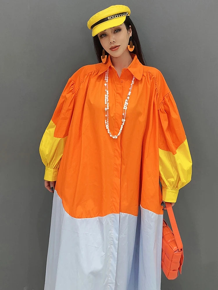 Colorblock Oversized Contrast Colored Long Lantern Sleeve Maxi Shirt Dress ONE SIZE