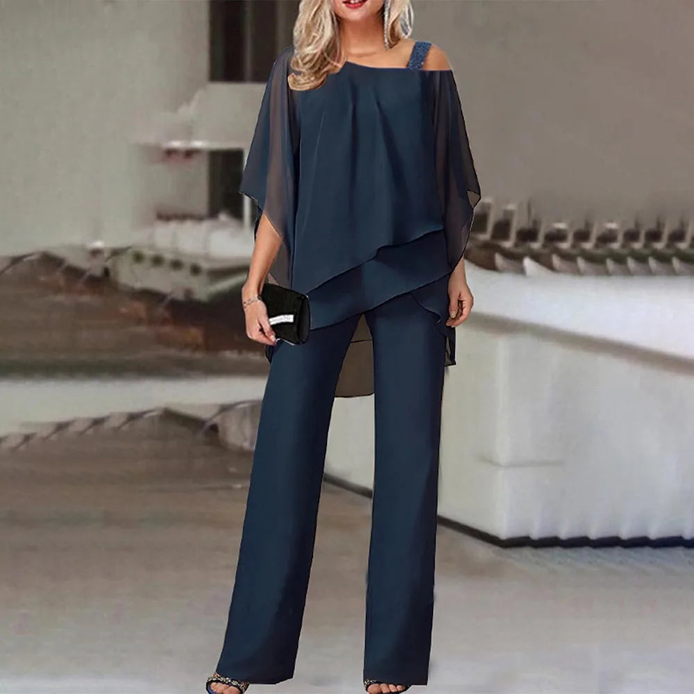 Chiffon Formal One Strap Women's Solid Cold Shoulder Loose Blouse + Pants 2-Piece Set