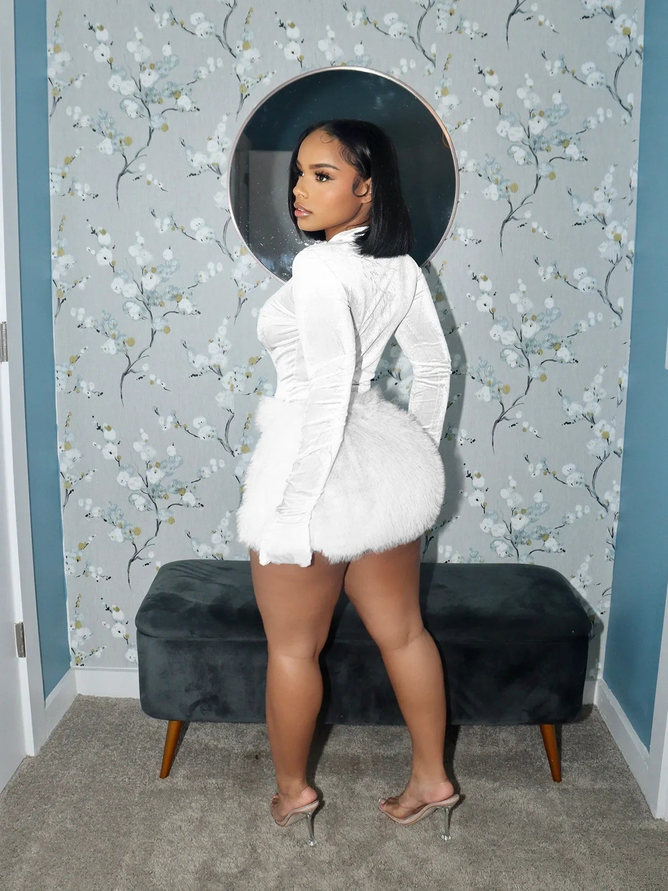Velvet Long Sleeve Solid Color Women's Bodysuit+ Faux Fur Mini Skirt 2-Piece Set