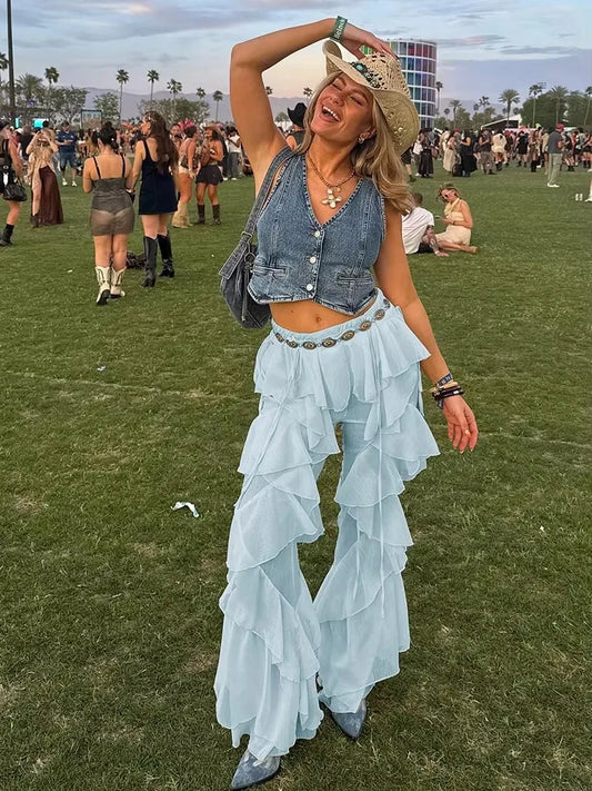 Irregular Western Sheer Transparent Ruffled Tierred Tassel Fringe Women's Patchwork Flared Pants