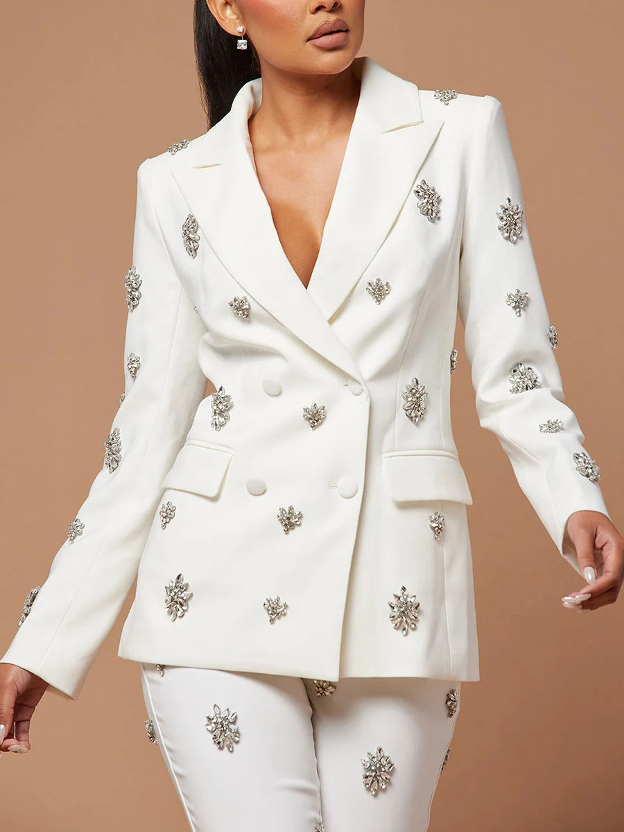 Patchwork Diamond Notched Collar Long Sleeve Blazer + High Waist Flared Pants Women's Formal Suit