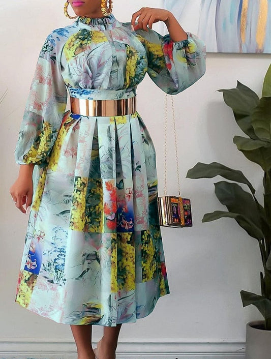 Floral Pleated Long Sleeve Plus Size Dress w/ Metallic Belt to 3X