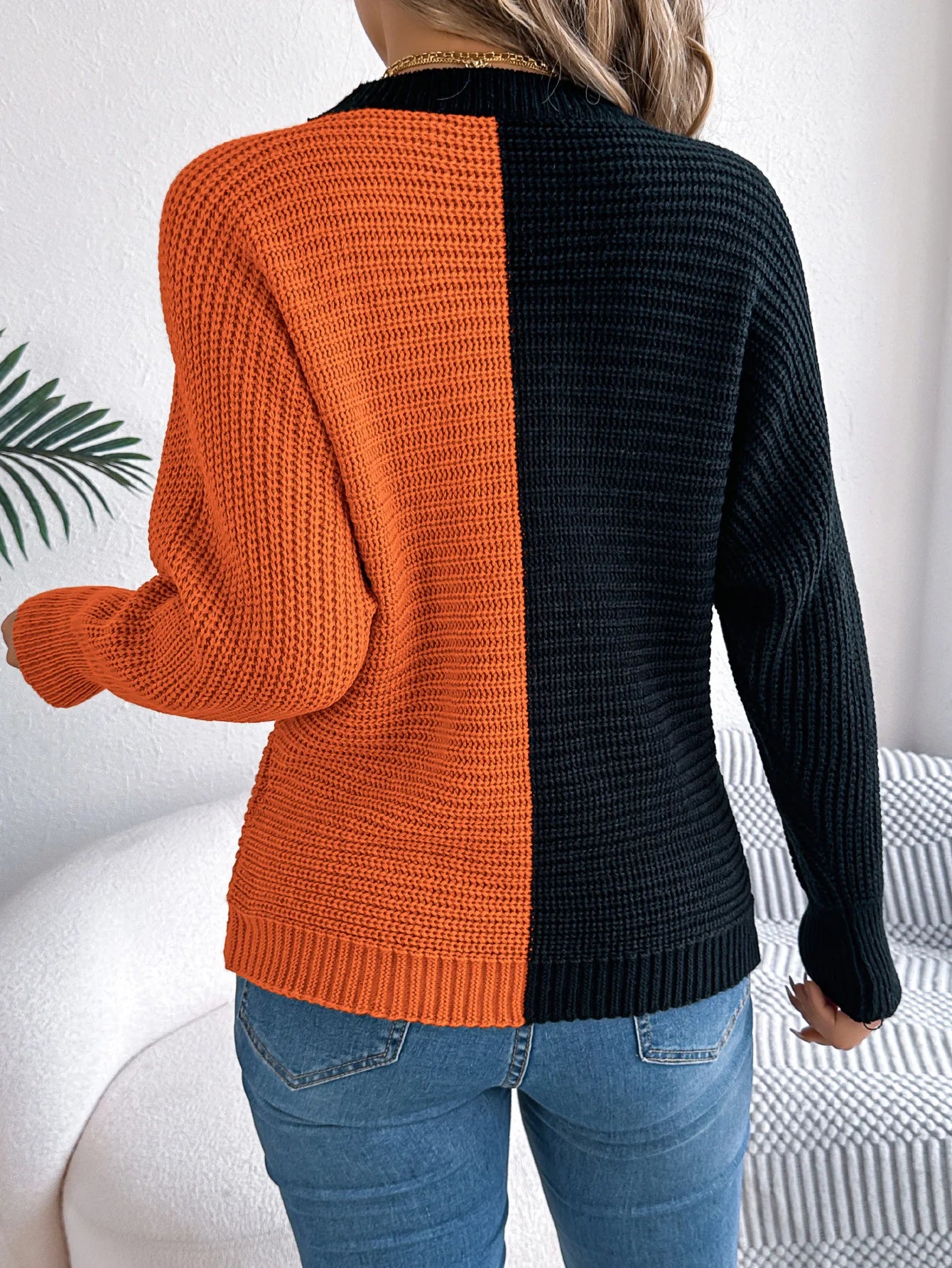 Women's Colorblock Long Sleeve Crewneck Pullover Knitted Sweater