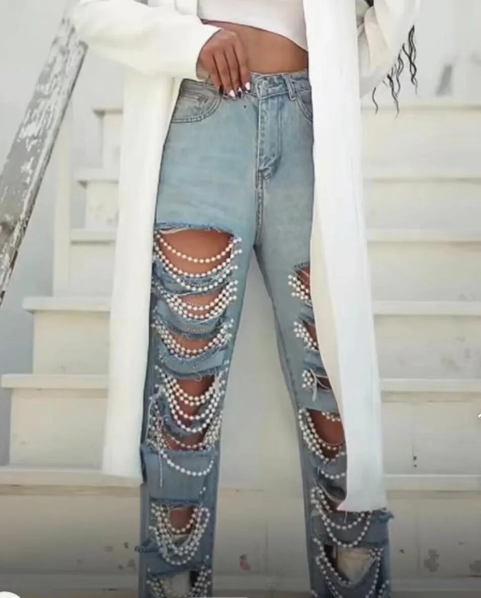 Pearl Chain Tassel Detail Draped Ripped Cut-Out Denim Ladies Jeans