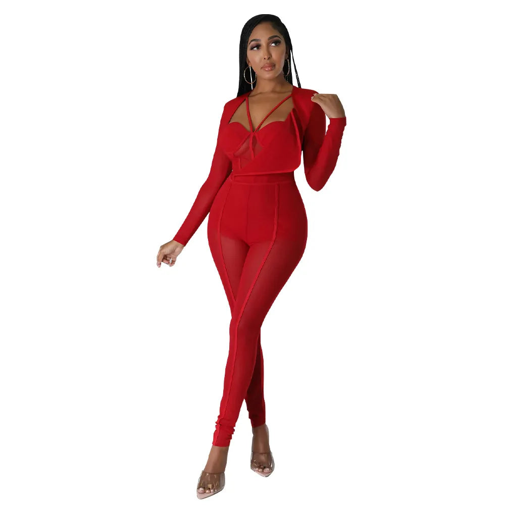 Sheer Transparent Corset Design Long Sleeve V-Neck Solid Color High Waist Jumpsuit