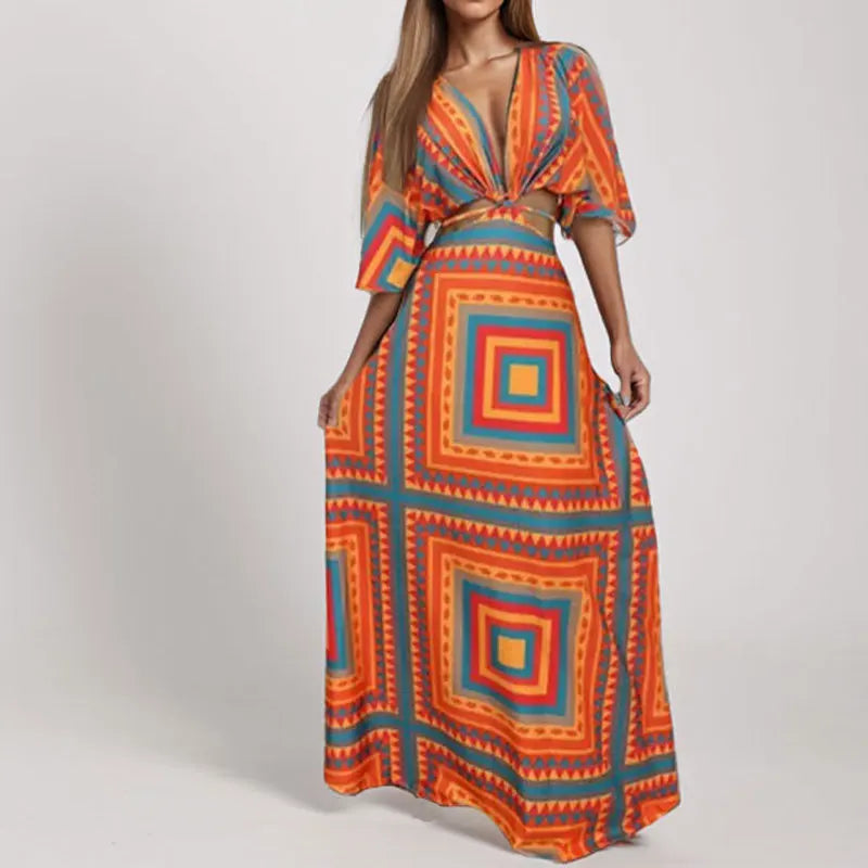 Deep V-Neck Geometric/Striped/Floral Hollow-Out Print Loose Beach Vintage Short Sleeve Maxi Dress to 3X Plus Size