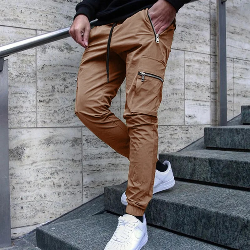 Men's Zipper Pocket Design Drawstring Solid Cargo Pants