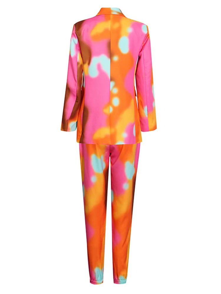 Tie-Dye Notched Collar Double Breasted Long Sleeve Blazer + Harem Pants Women's Suit