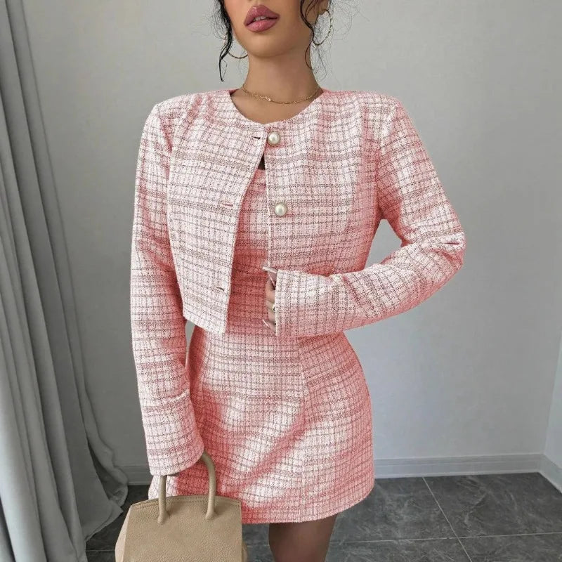 Tweed Plaid Sleeveless Corset Mini Dress w/  O-Neck Blazer Women's Matching 2-Piece Suit