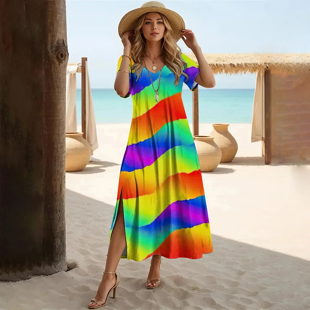 Striped Colorblock Rainbow Print V-Neck Short Sleeve High Slit Midi Sundress to 3X Plus Size