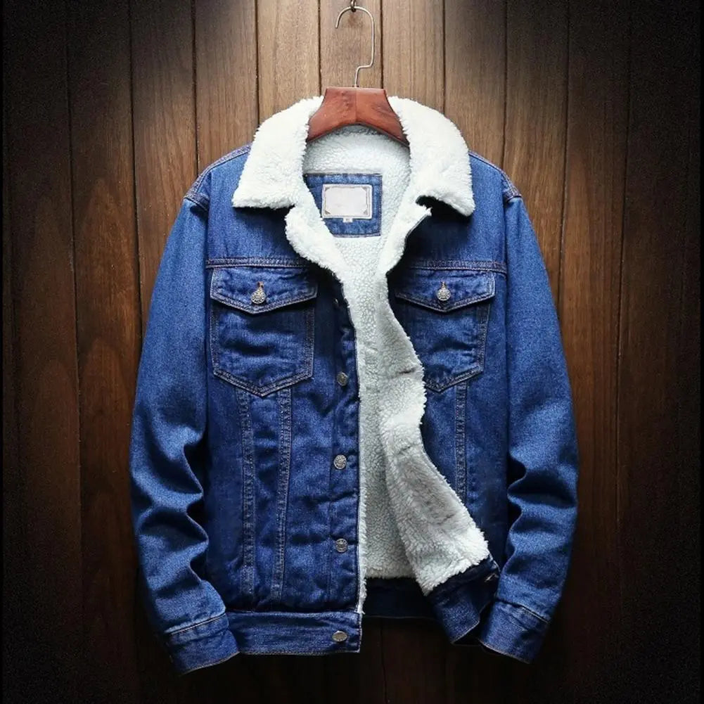 Men's Cashmere Lined Solid Single Breasted Denim Jean Jacket