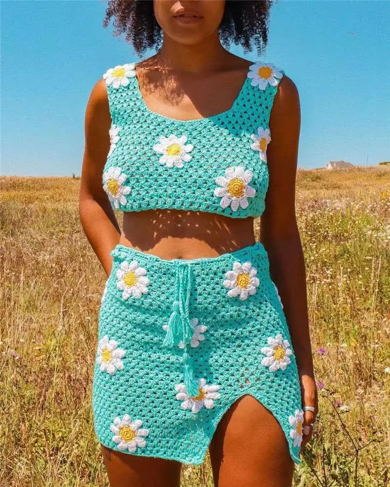 Crochet Big Flower Pattern Knitted Women's Sweater Tank Top + Drawstring Mini Skirt 2-Piece Set