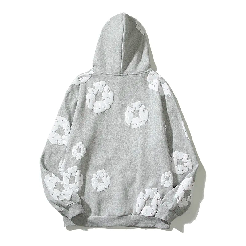 Retro Flower Print Embroidered Pullover Streetwear Oversized Fleece Hoodie Sweatshirt