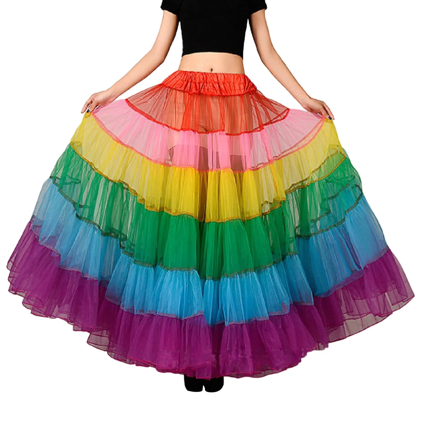 Rainbow Striped Print Oversized Multi-Layer Tulle Flared Big Swing Tutu Maxi Skirt