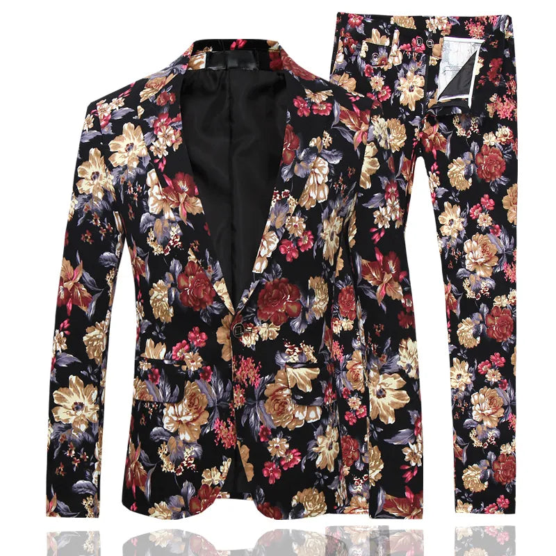 Business Casual Men's Skinny Fit Flower Printed Formal Tuxedo Suit