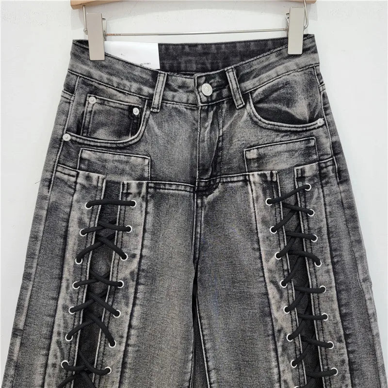 Denim Drawstring Women's Criss-Cross Pattern Lace-Up High Waist Wide Leg Cargo Jean Shorts
