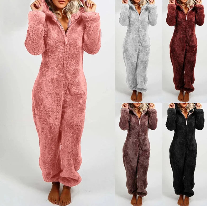 Faux Fur Fleece Women's Onesie Zipper Hoodie Teddy Jumpsuit