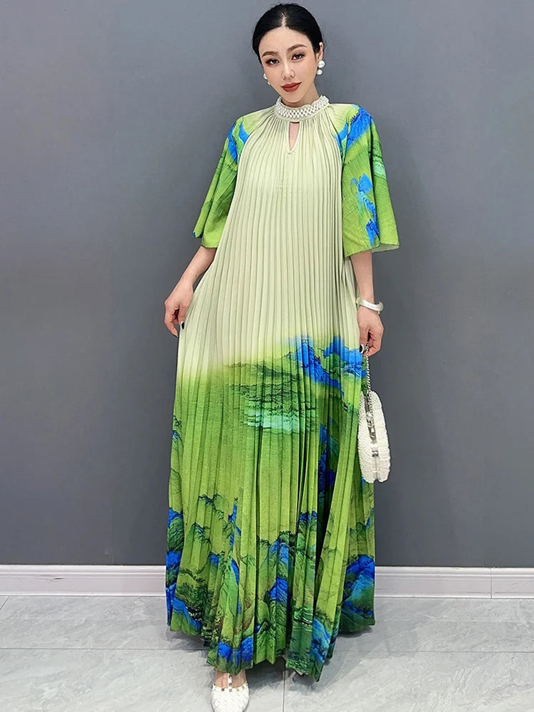 Colorblock Diamond Green Oversized Pleated Short Sleeve Inlaid Maxi Dress