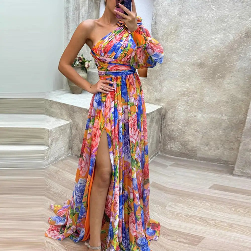 Floral Print One Sleeve Asymmetrical High Slit Formal Maxi Dress