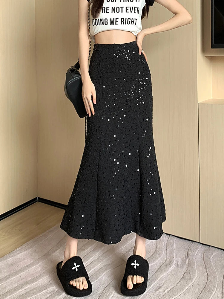 Sequined Glitter Solid Fishtail Mermaid Wrap Hip Maxi Skirt