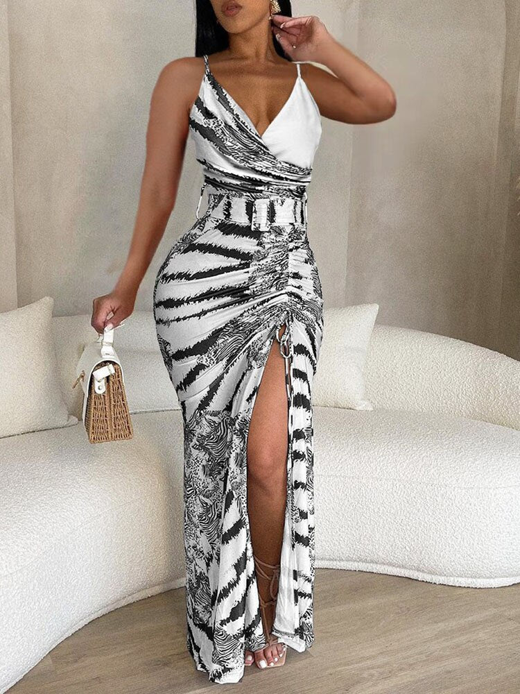 Halter Spaghetti Strap V-Neck Buckled Belt Slit Maxi Dress