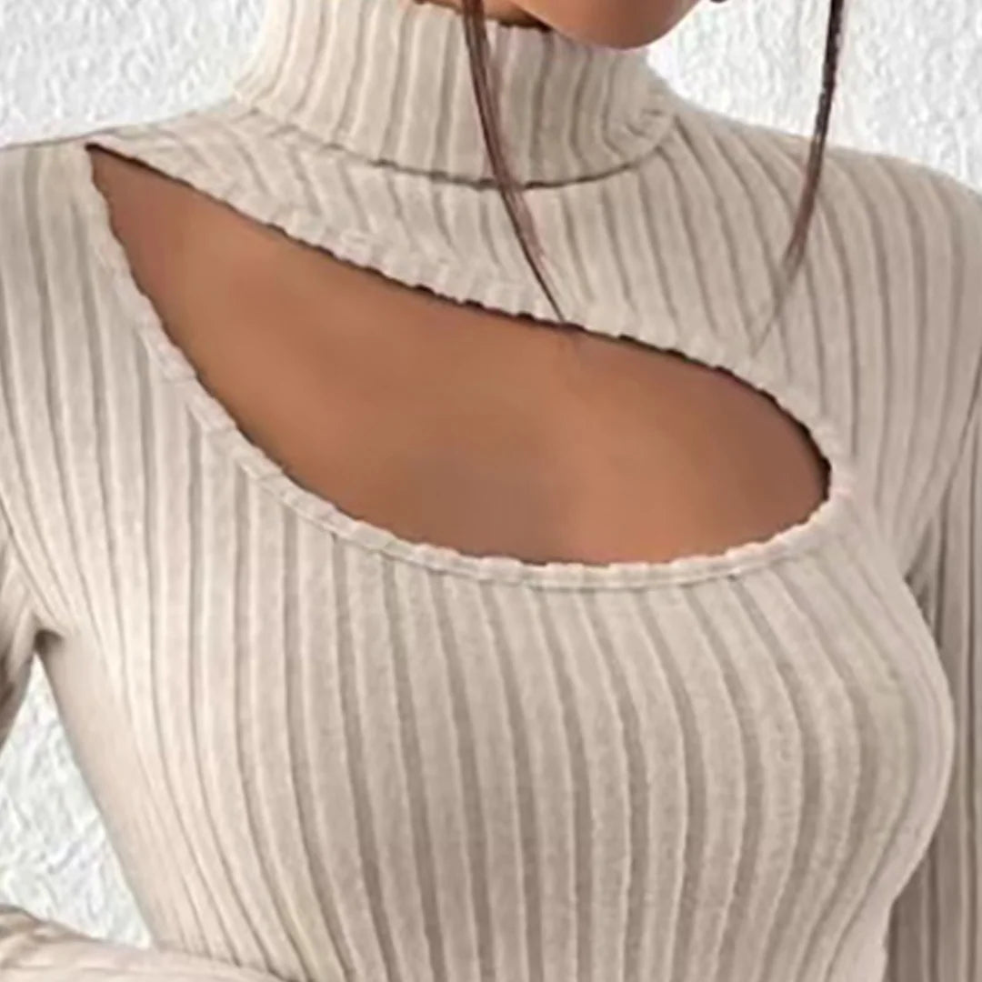 Hollow-Out Turtleneck Women's Long Sleeve Ribbed Knitted Sweater