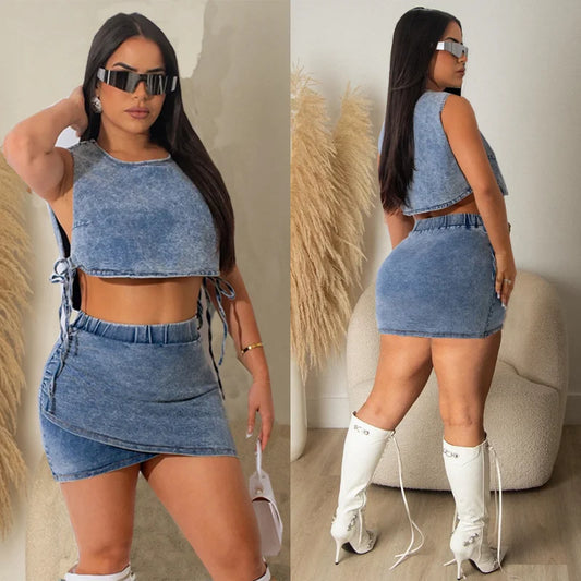 Strapless Washed Denim Hollow-Out Lace-Up Tank Top + Mini Elastic Waist Stretch Skirt 2-Piece Set