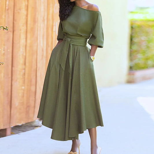 Slanted Neck 1/2 Sleeve Solid Color Sash Belted Flared Asymmetrical Dress