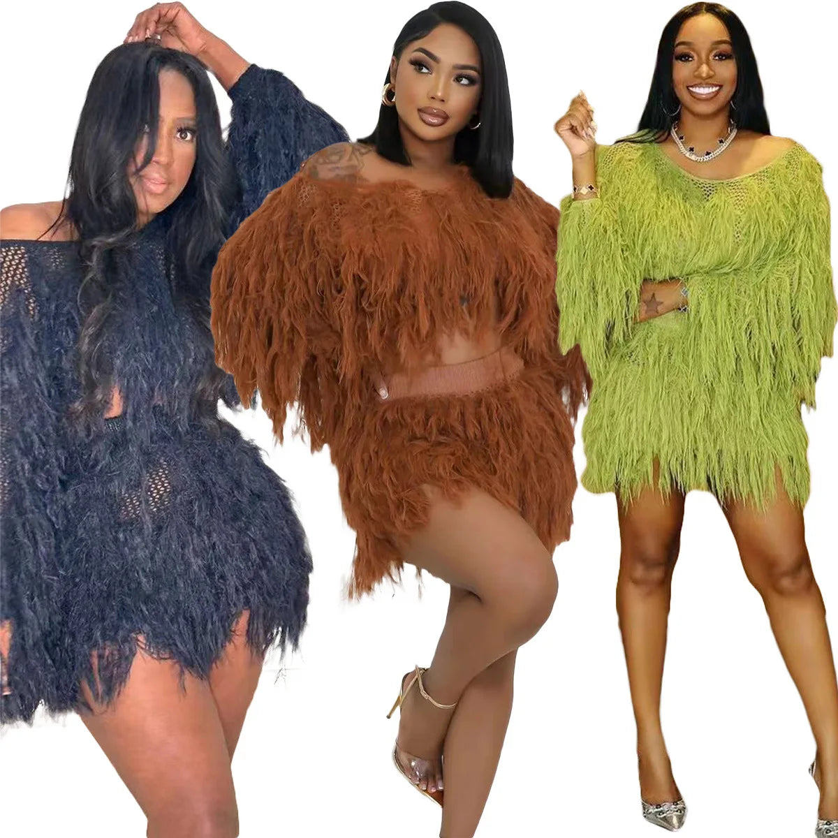 Tassel Fringe Women's Set Long Sleeve Knitted Crop Tops + Mini Skirt 2-Piece Piece Set