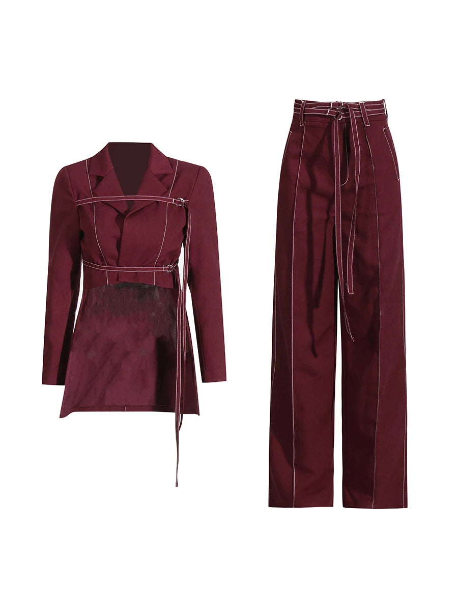 Burgundy Irregular Notched Collar Double Strap Design Blazer Jacket + High Waist Straight Pants Women's Formal Suit
