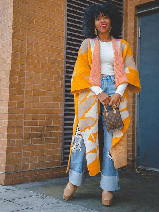 Big Flower Print 3/4 Length Flared Sleeve Open Stitch High Slit Oversized Cardigan Maxi Sweater