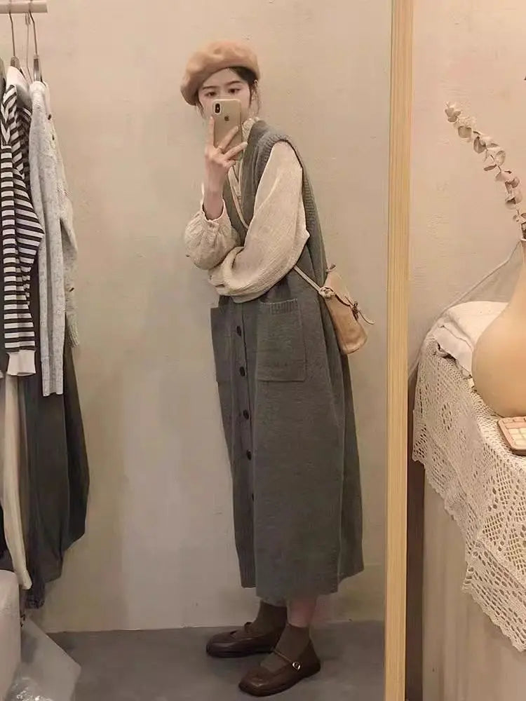 Sleeveless Knitted Button Front Vintage Oversized Knitted V-Neck Maxi Sweater Vest Dress