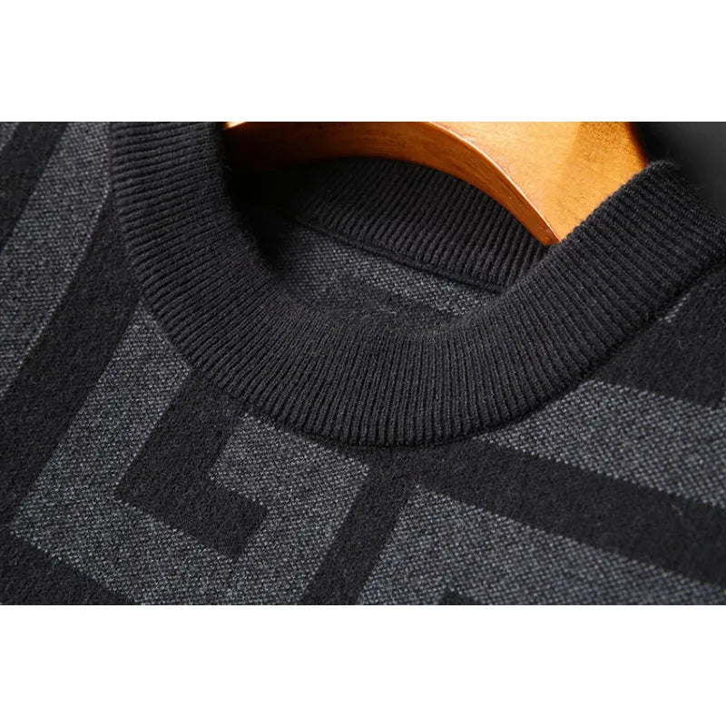 Men's Wool Geometric Colorblock Monogram Print Long Sleeve Computer Knitted O-Collar Sweater