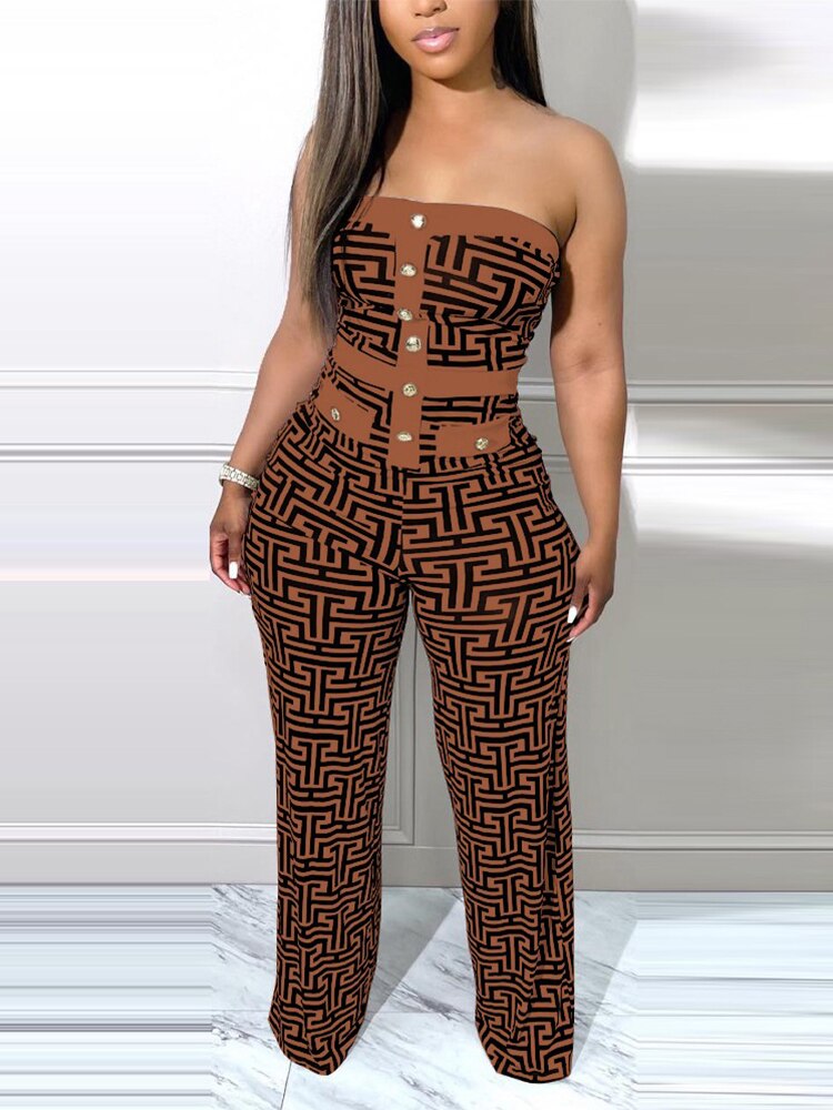 Strapless Tube Geometric Print Button Jumpsuit