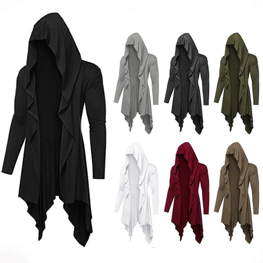 Men's Composite Long Hooded Ruffled Horn Collar Draping Cape Maxi Cardigan w/ Pockets