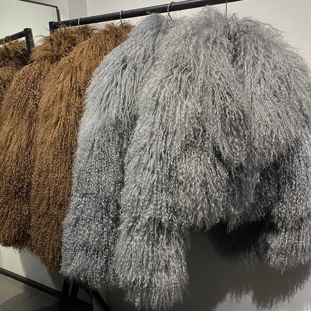 Shaggy Mongolia Sheep Fur Oversized Collar Women's Jacket to 8X Plus Size