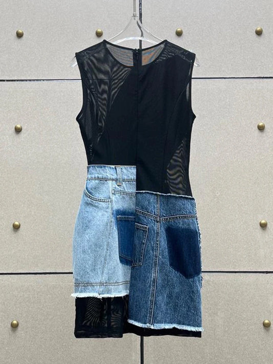 Colorblock Patchwork Denim Designer Round Neck Sleeveless Spliced Pocket Dress