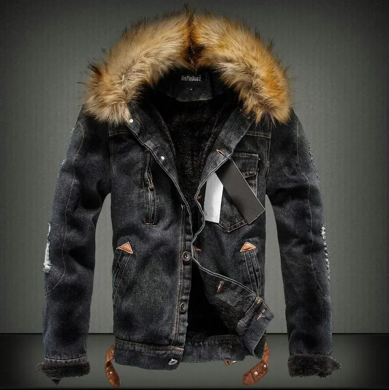 Men's Denim Faux Fur Collar  Fleece-Lined Fitted Jean Jacket