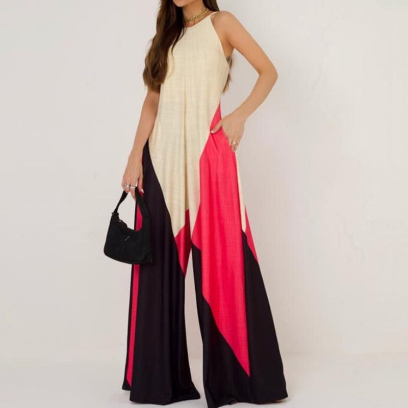 Gradient Colorblock/Floral/Geometric Printed Sleeveless Backless Wide Leg Pocketed Jumpsuit