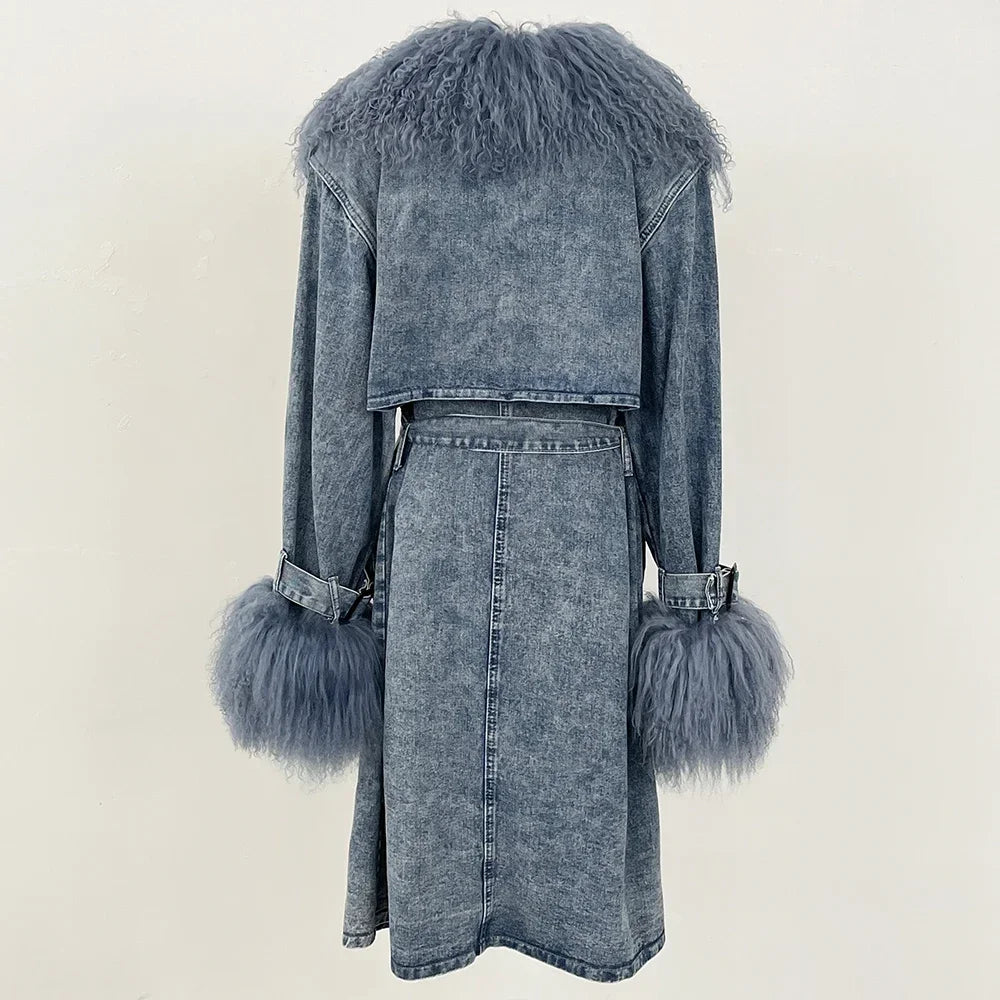 Denim Hip-Hop Button Design Shaggy Mongolian Fur Collar Double Breasted Women's Sash Belted Jean Trenchcoat