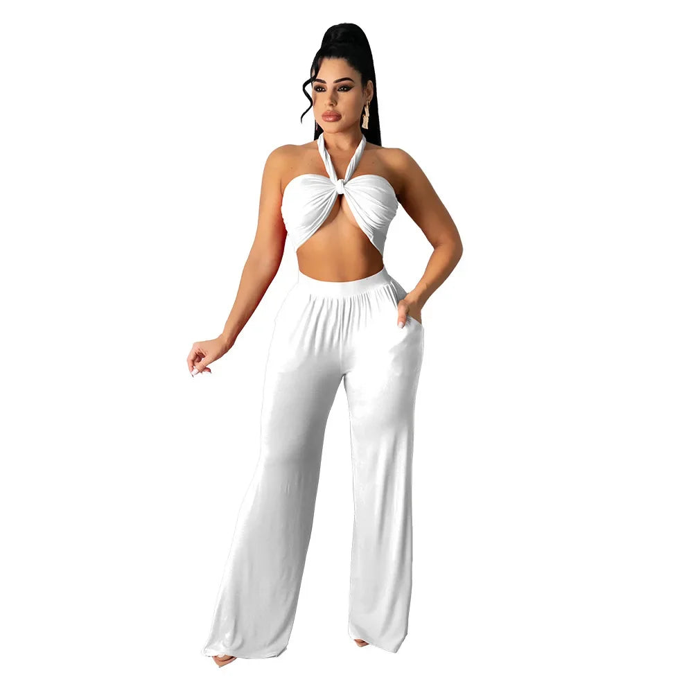 Strapless Hollow-Out  Hatler Neck Crop Top + Leggings Bodycon Solid Color Women's 2-Piece Set