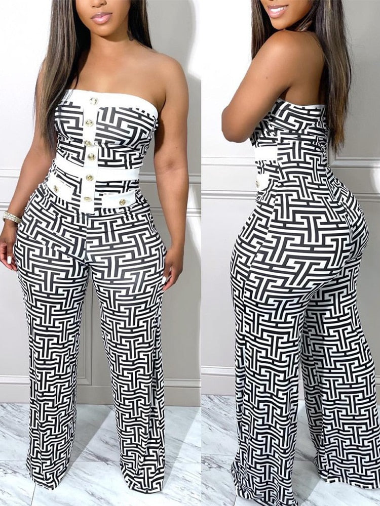 Strapless Tube Geometric Print Button Jumpsuit